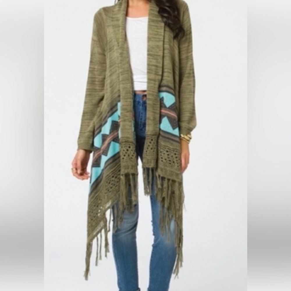 Olive Green Fringed Women's Sweater billabong Aztec fringe